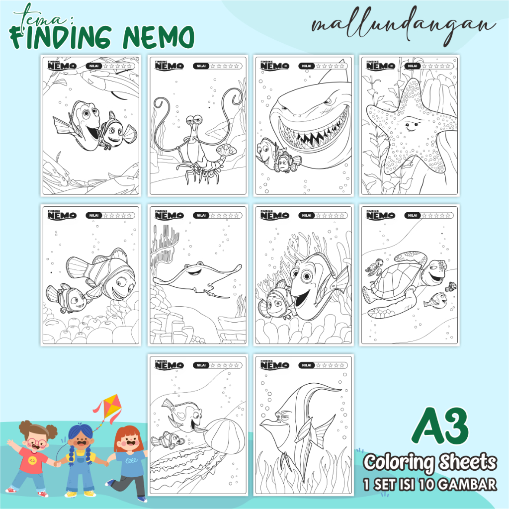 

LEMBARAN MEWARNAI ANAK A3 - TEMA FINDING NEMO - PAPER COLORING SHEETS FOR KIDS