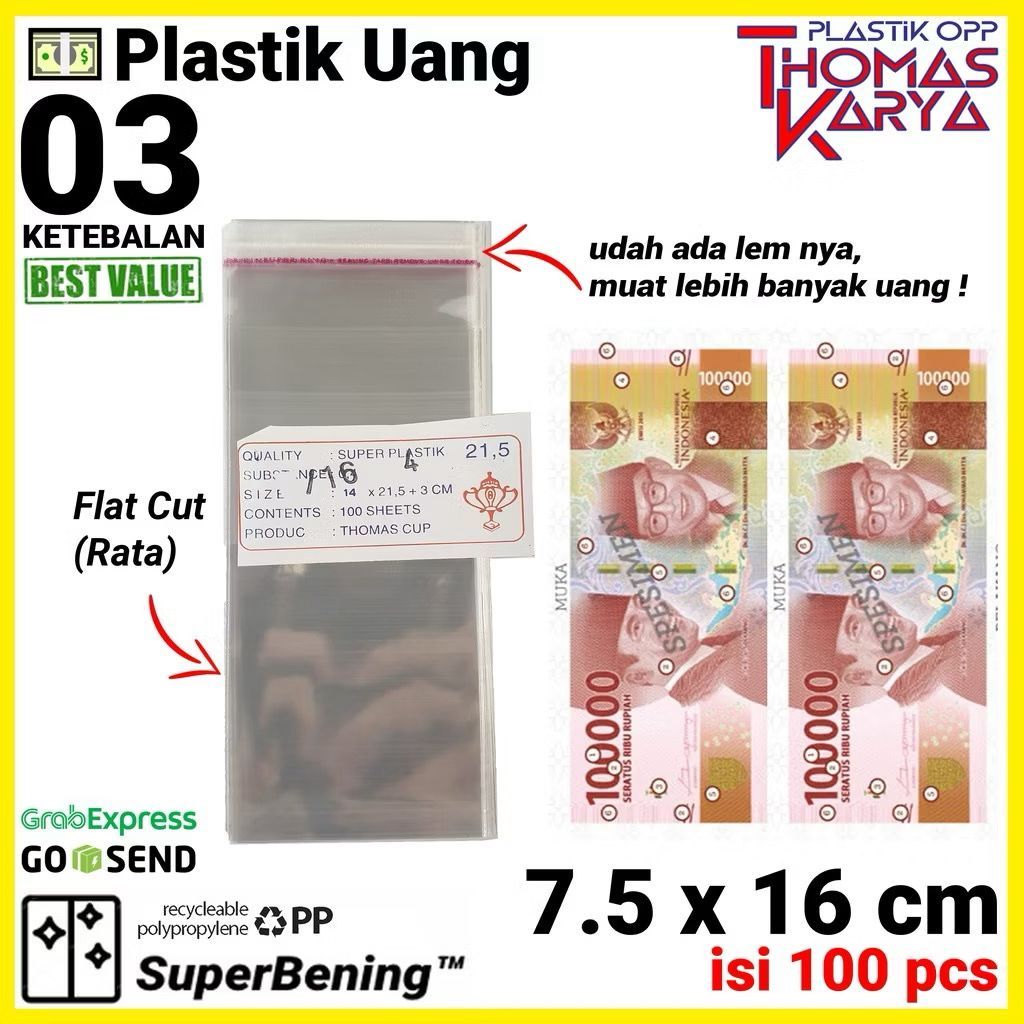 Plastik OPP 7,5x16 TEBAL Ekonomis | Isi 100 | Kantong Bening | Kemasan Uang Kertas | Bungkus Uang Ke