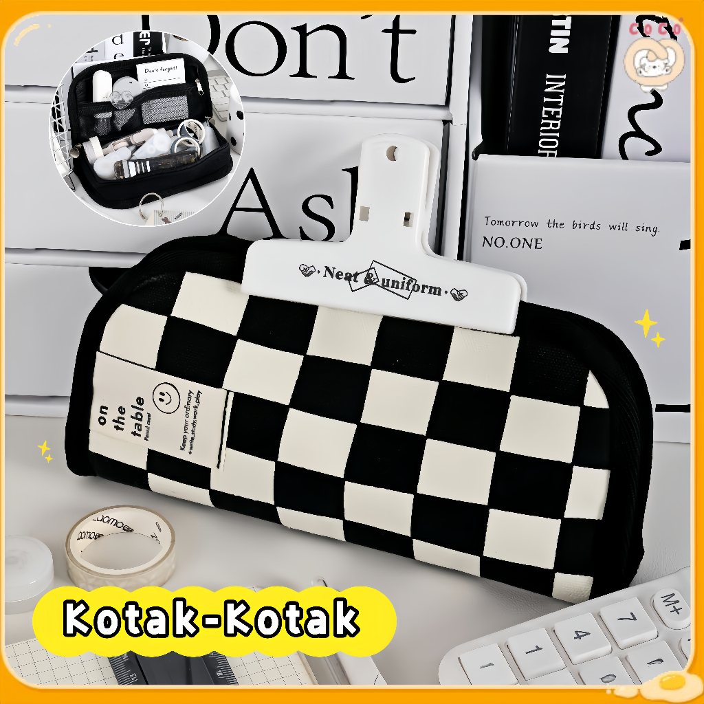 

Kotak Pensil Kanvas/Kotak-Kotak Hitam Putih Jepang/Tas Penyimpanan Perlengkapan Sekolah Multi-Kompartemen Berkapasitas Besar