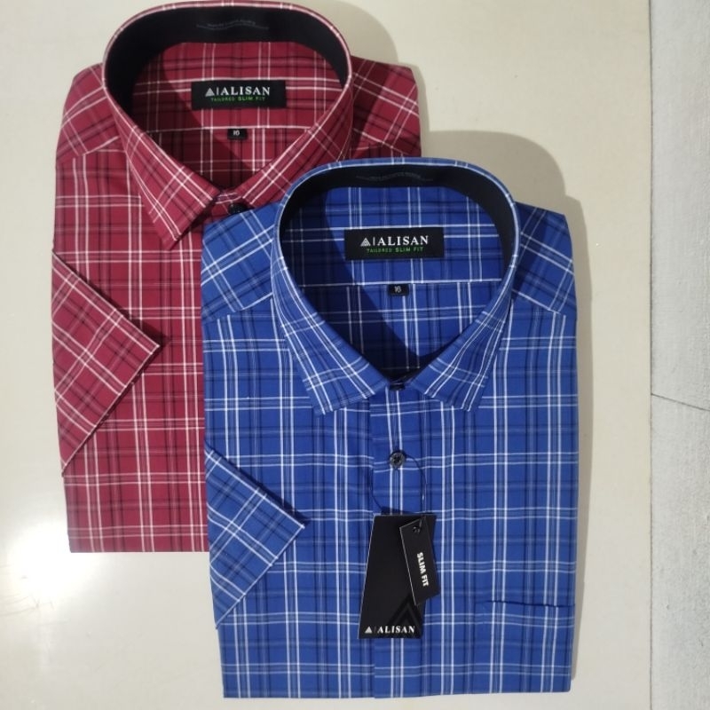 Alisan Kemeja Pria Motif Kotak Merah Biru Lengan Pendek Slimfit