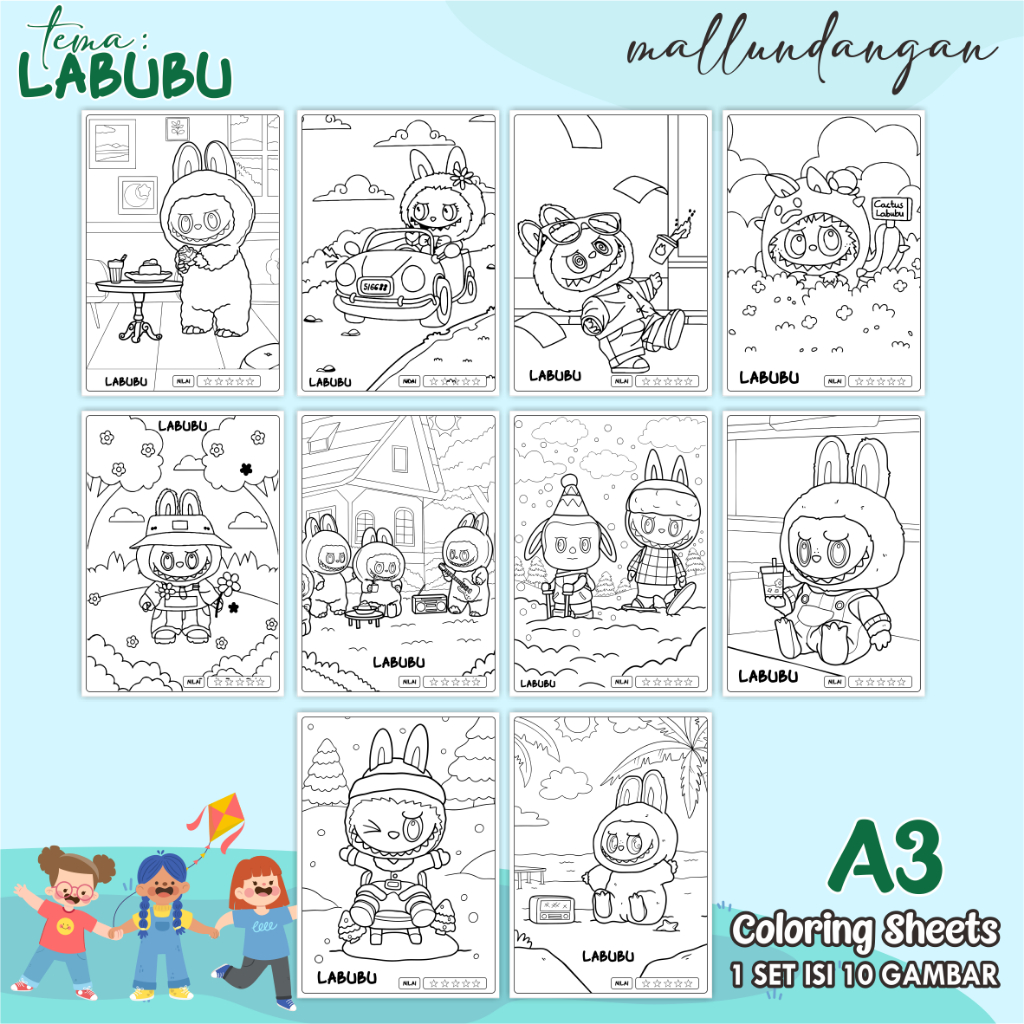 

LEMBARAN MEWARNAI ANAK A3 - TEMA LABUBU - PAPER COLORING SHEETS FOR KIDS