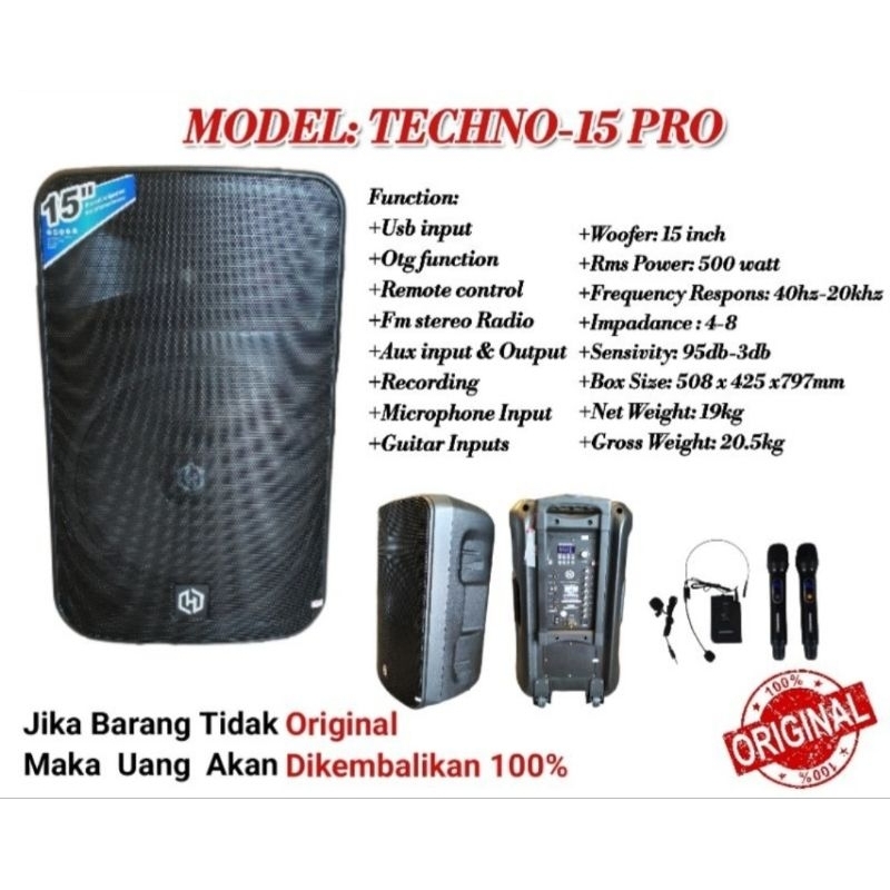 AKTIF SPEKER PORTABEL TECHNO 15 PRO SPEKER WERELES BLUETOOTH SISTEM
