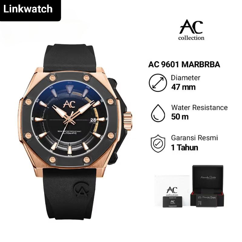 Jam Tangan Pria Alexander Christie AC 9601 Automatic  MARBRBA Rubber Strap Original Garansi