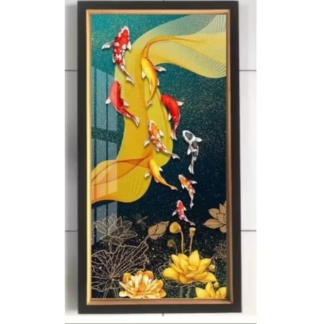 hiasan dinding lukisan cetak gambar ikan koi dan bunga teratai plus bingkai ukuran 100×50cm