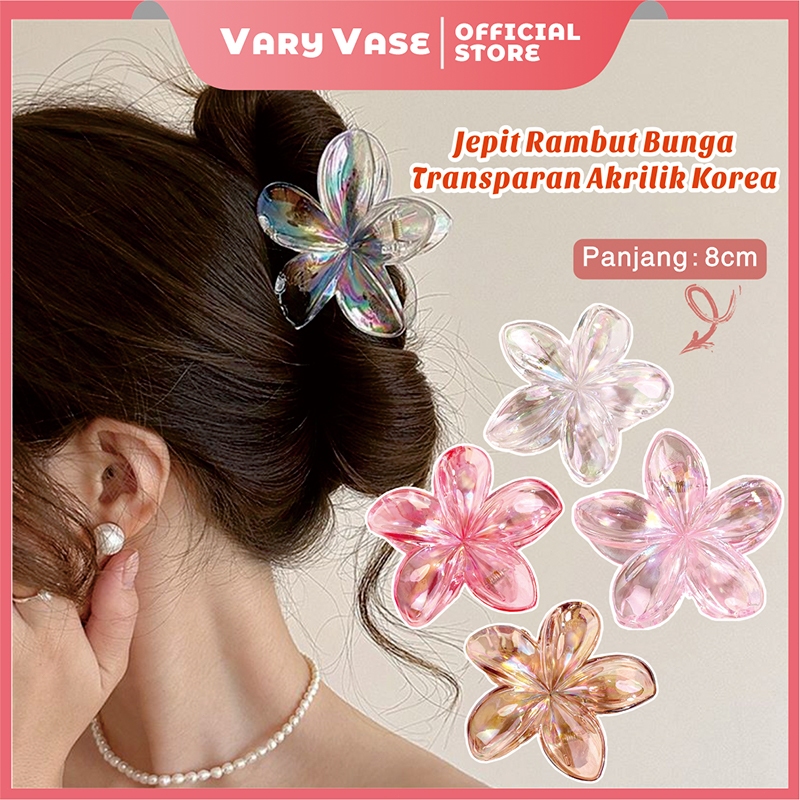 Vary Vase Jepit Rambut Wanita 8CM Dazzle Transparan Motif Bunga Kamboja Bahan Akrilik Gaya Korea Aks