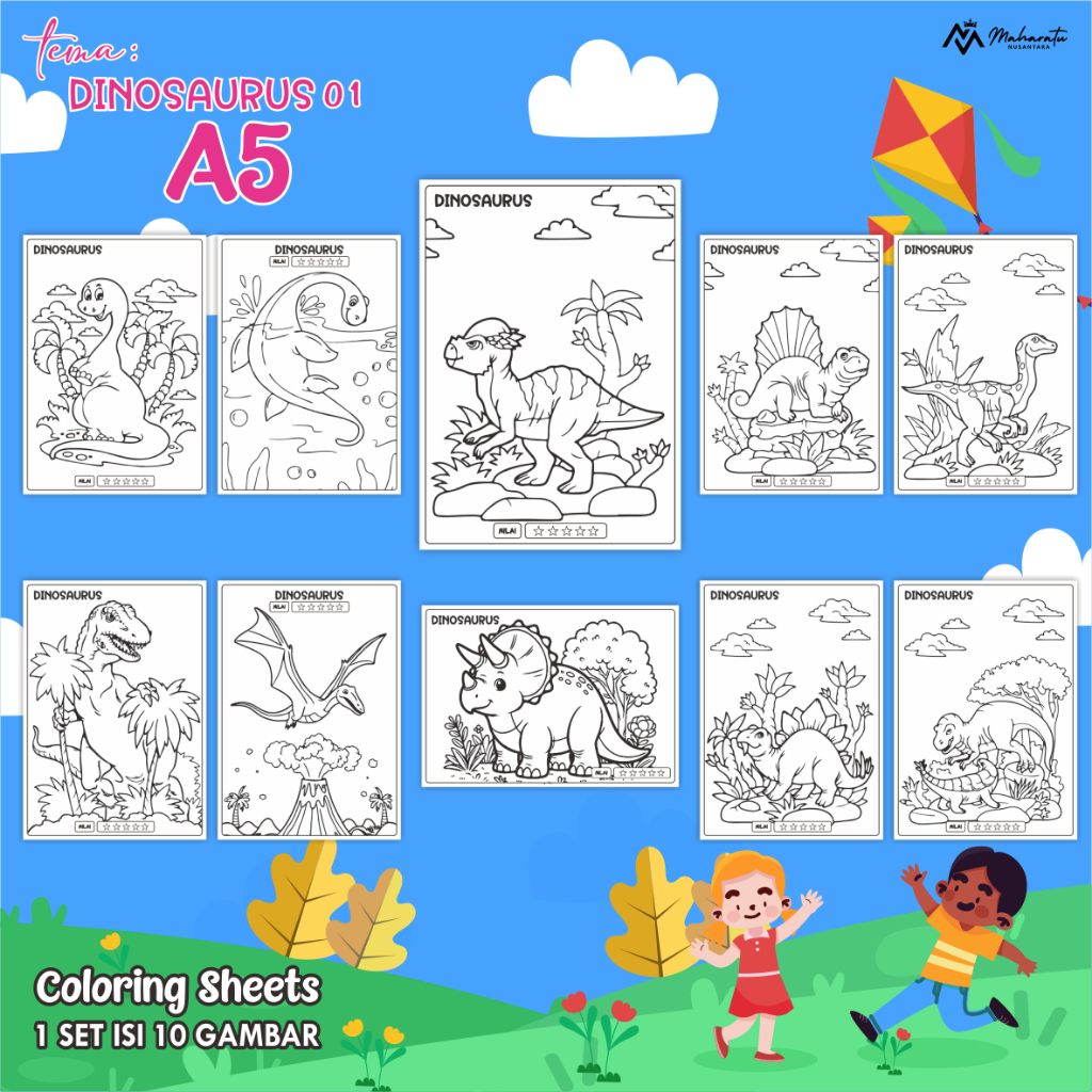 

[TEMA DINOSAURUS A5] LEMBAR MEWARNAI ANAK - KERTAS GAMBAR 1 SET ISI 10 - COLORING SHEET FOR KIDS