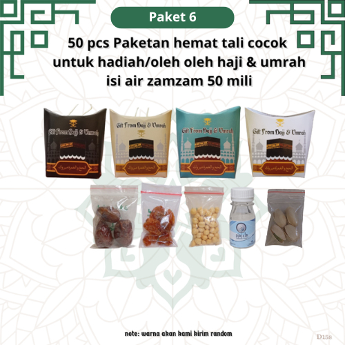 

paketan hemat pistasio tali 50 pcs untuk oleh oleh haji dan umroh (isi air zamzam 50 ml)