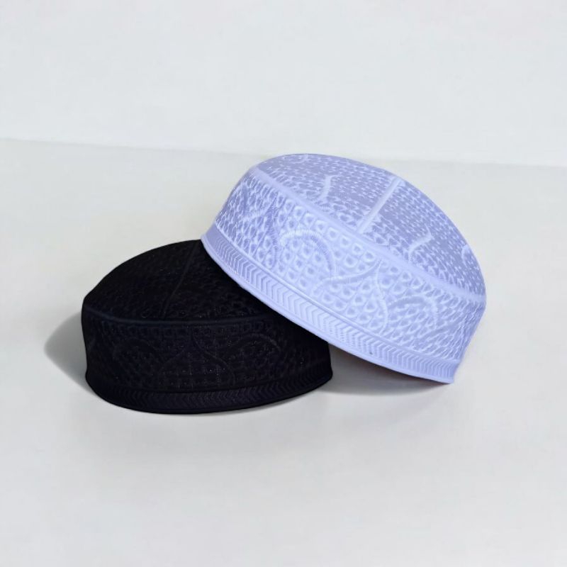 Peci/Kopiah/Songkok Bordir Polos Hitam&Putih Dewasa - Model PAKISTAN - Motif, Haji, Pria, Katun, Mus