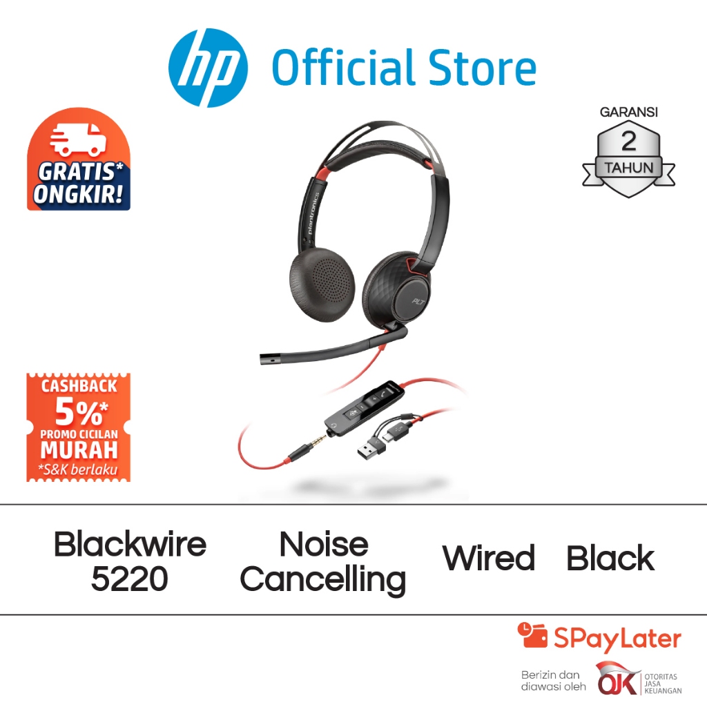 Headset HP Poly Blackwire 5220 Black Stereo USB-C USB-C/A Adapter Noise Cancelling Windows macOS And