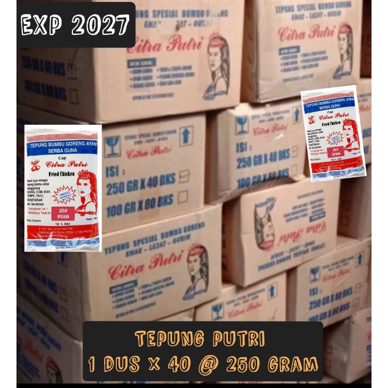 

1 dus ( 40 bgks @250 gram )Tepung citra putri tepung bumbu goreng serba guna. ayam udang