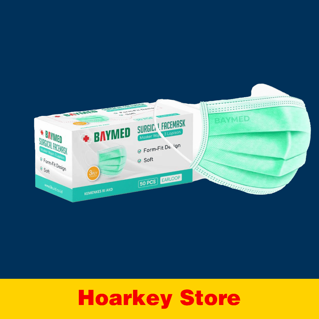 Masker Cantol Baymed Hijau/ Masker Medis Earloop Karet 3ply BAYMED Surgical mask isi 50pcs