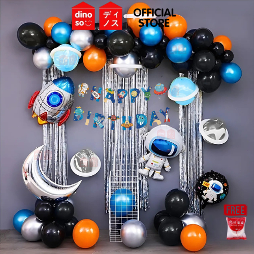 DINOSO Paket Dekorasi Ulang Tahun Astronot Luar Angkasa Roket Dekorasi Set Bulan Foil Hiasan Ultah A
