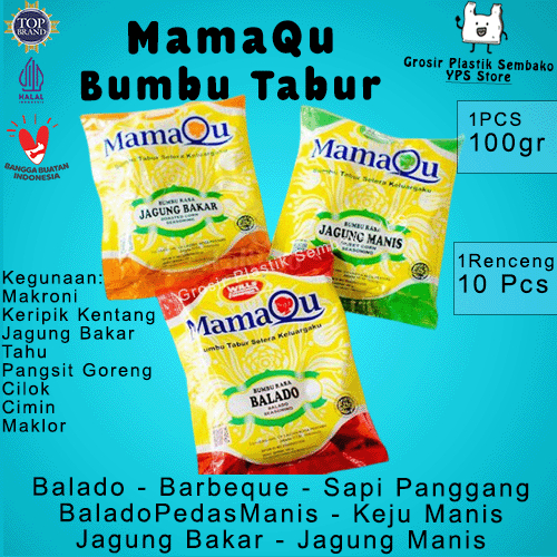 

Bumbu Tabur Instant MAMAQU 100gr Renceng 10Pcs Rasa Lengkap Balado, Barbeque, Sapi panggang, Balado pedas manis, Keju Manis, Jagung Bakar, Jagung Manis