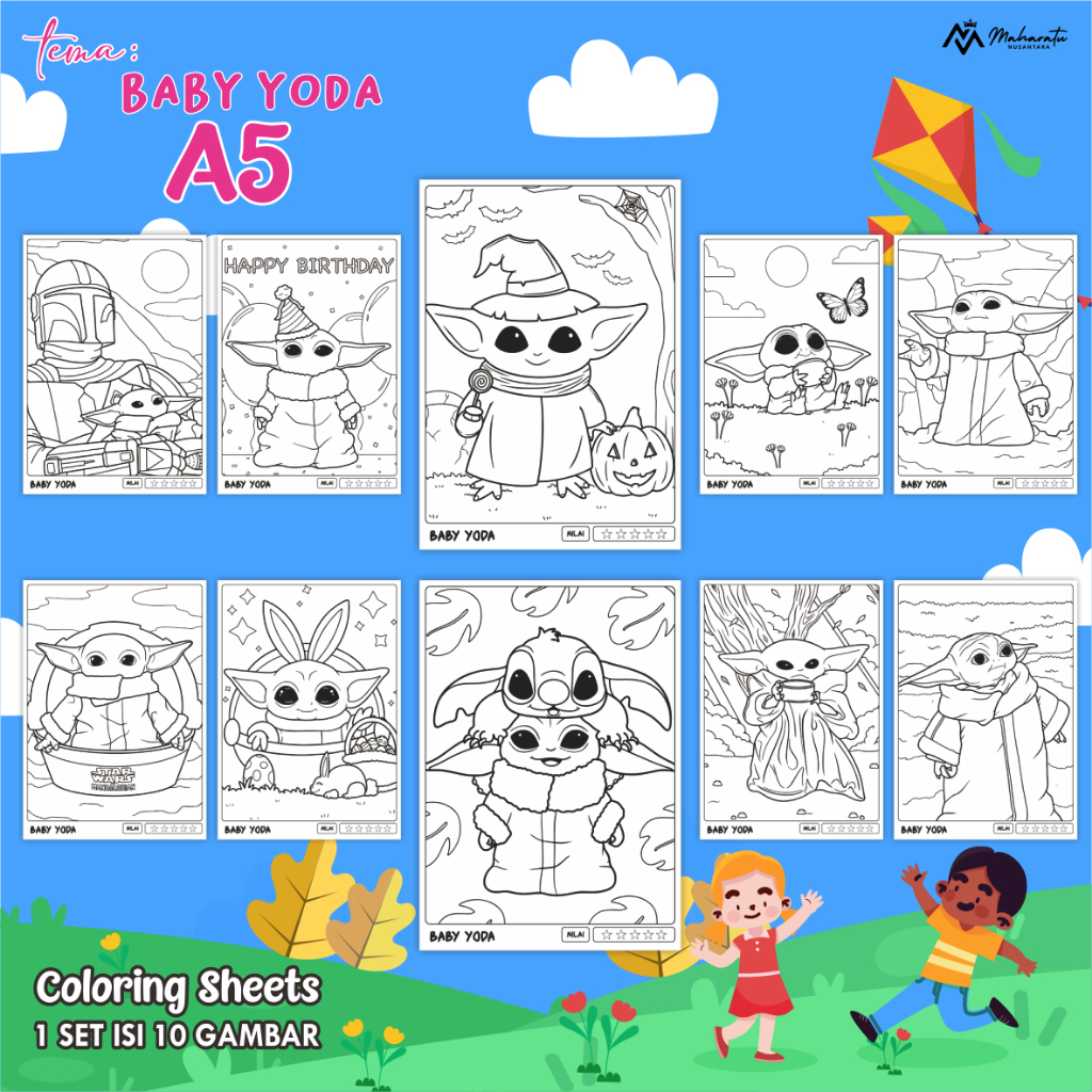 

[BABY YODA] KERTAS MEWARNAI ANAK UKURAN A5 - LEMBAR GAMBAR 1 SET ISI 10 LEMBAR READY STOCK - COLORING SHEET