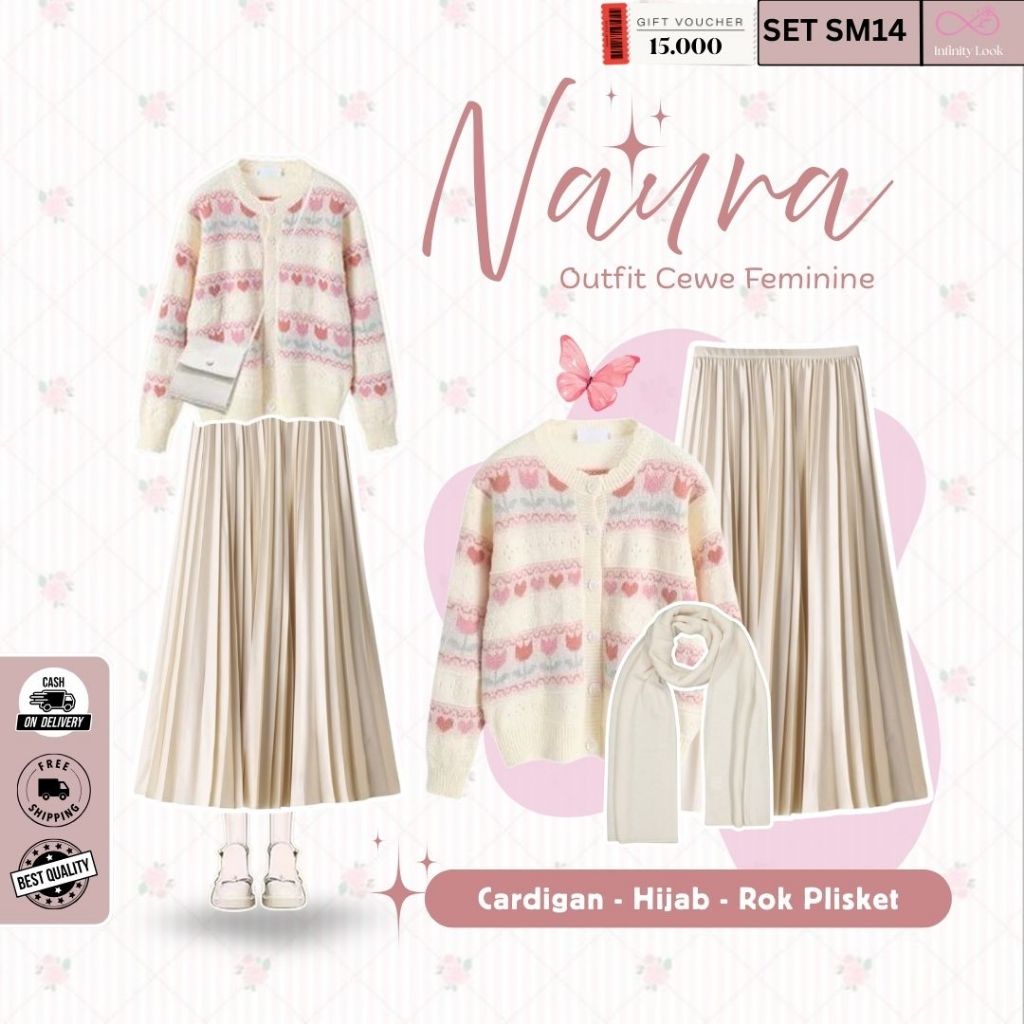 Set Rok Korean Style | Hijab Pasmina Jersey Cream, Cardigan Rajut Korean Bunga, Rok Plisket Cream | 
