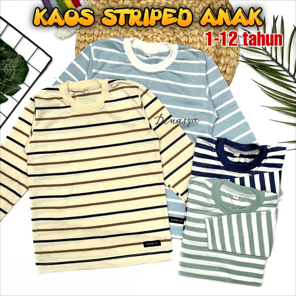 STRIPED T-SHIRT ANAK UNISEX / KAOS TANGAN PANJANG ANAK KEKINIAN / ATASAN KAOS STRIP BELANG ANAK USIA