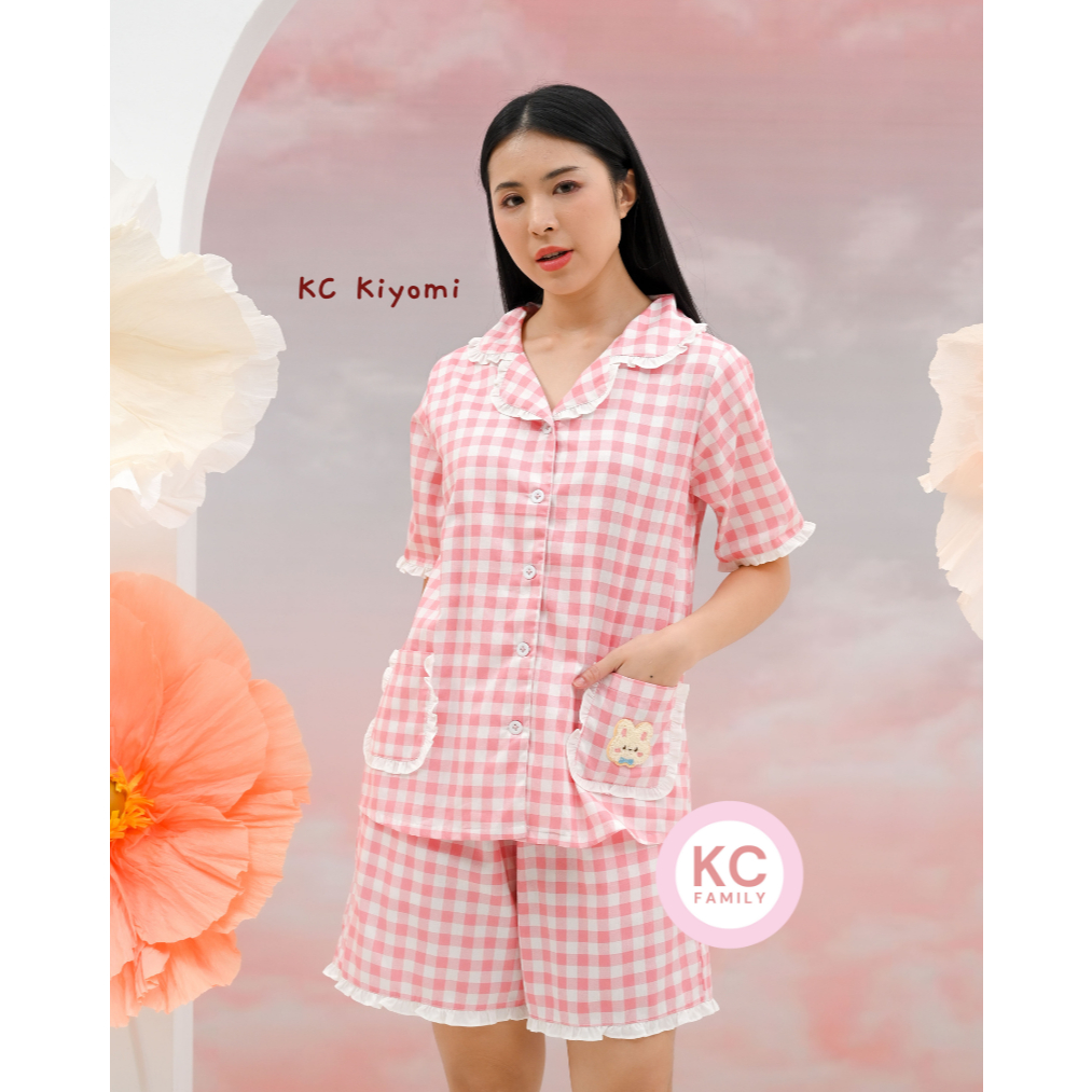 KC Kiyomi in Gingham Bunny Piyama Wanita Baju Tidur Lengan Pendek Celana Pendek