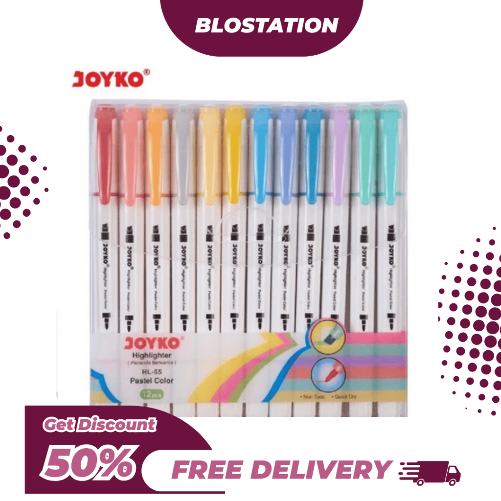 

BT.ID Joyko Highlighter HL-55 1 Set Isi 12Pcs Dual Tip / Penanda 12 Warna Pastel Color Lucu Murah
