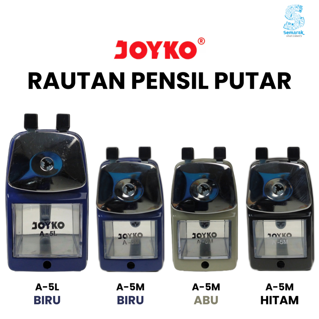 

Joyko A-5L / A-5M Pencil Sharpener Rautan Pensil Putar Besi Besar / Sedang - Biru / Abu / Hitam [1 Pcs]