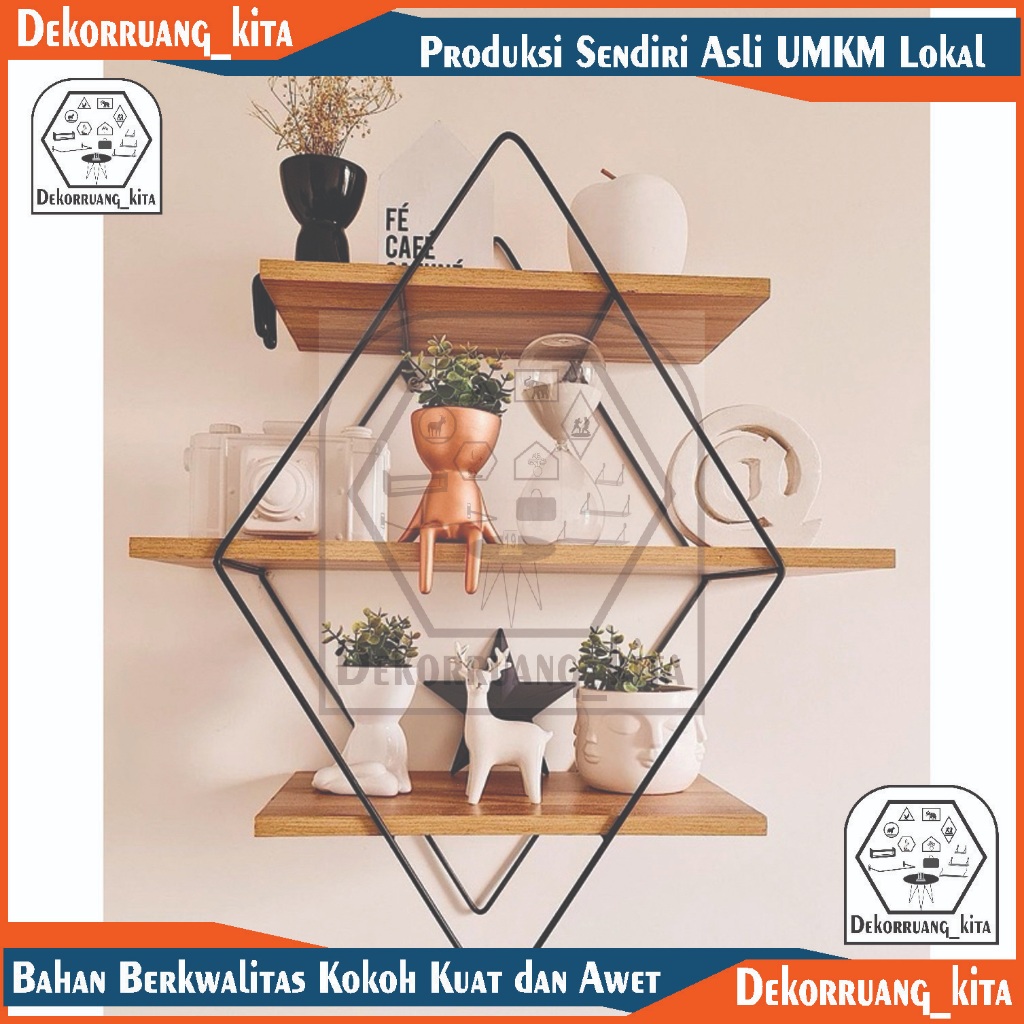 Rak Besi Ketupat / Rak Dinding Besi Minimalis / Rak Dinding Hexagonal Ambalan Kayu