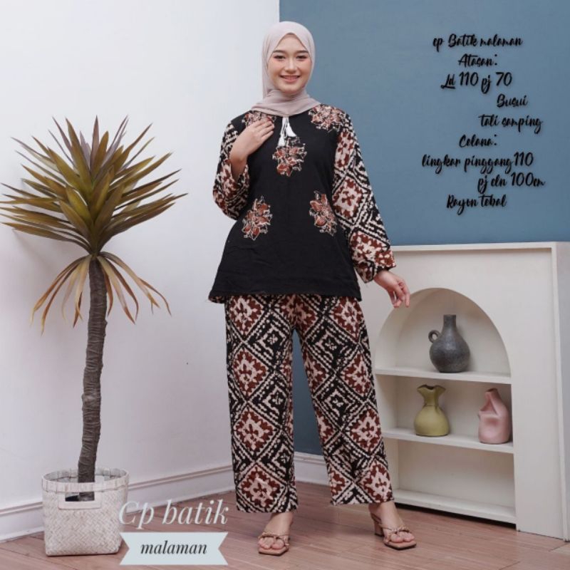 One Set Malaman Motif Cap One Set Setelan Baju Celana Panjang One Set Wanita Dewasa One Set Premium 