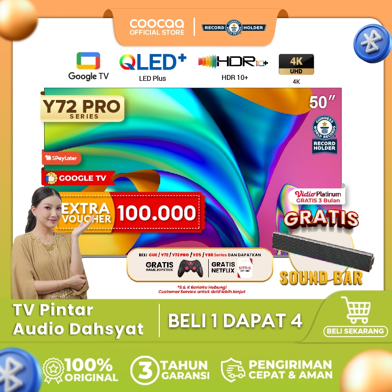 COOCAA TV 50 inch Y72 PRO - 4K QLED+ - Google TV -  Google Assistant - Dolby Audio Atmos - Low Blue 