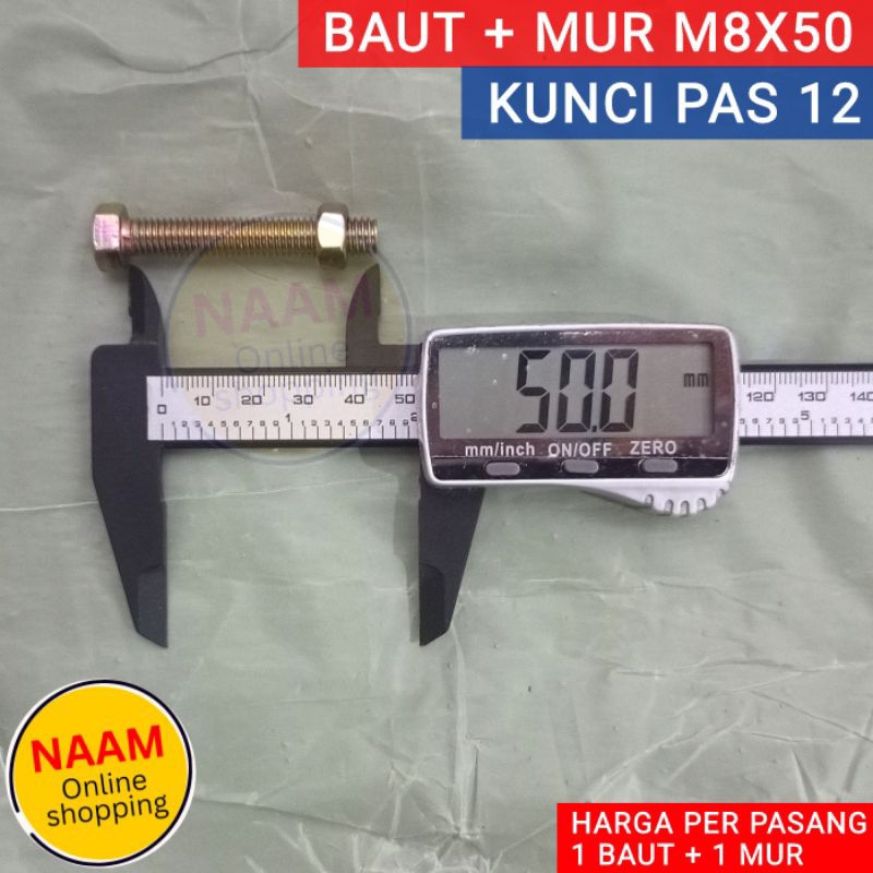(M8X50) BAUT + MUR M8 50MM - BAUT KUNCI 12 - SEPASANG MUR BAUT M8