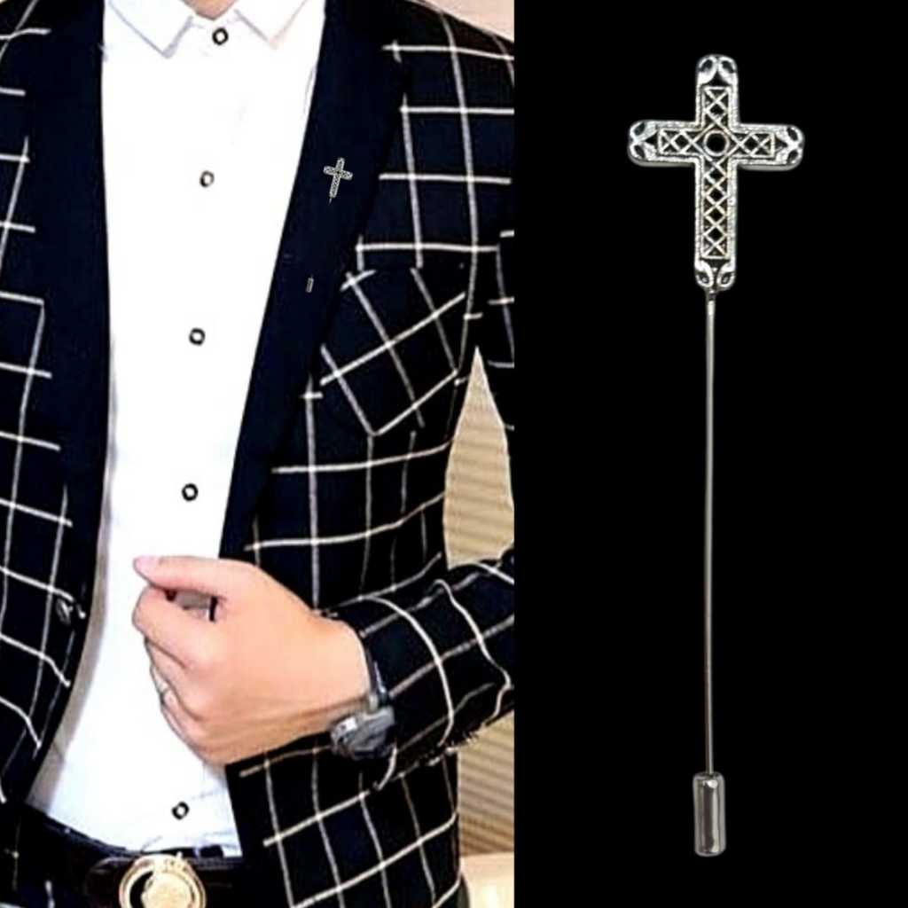 Metal Silver Cross Lapel Pin Bros Jas Kameja Tuxedo Salib Mens Pria