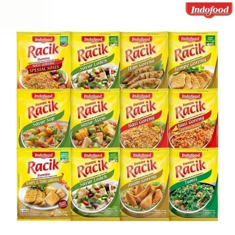 

INDOFOOD RACIK BUMBU MASAK INSTAN RENTENG isi 10 SACHET AYAM GORENG AYAM GORENG REMPAH IKAN GORENG NASI GORENG NASI GORENG EKSTRA PEDAS NASI GORENG SPESIAL SOSIS SAYUR ASEM SAYUR LODEH SAYUR SOP TEMPE & TAHU GORENG TEMPE GORENG TUMIS