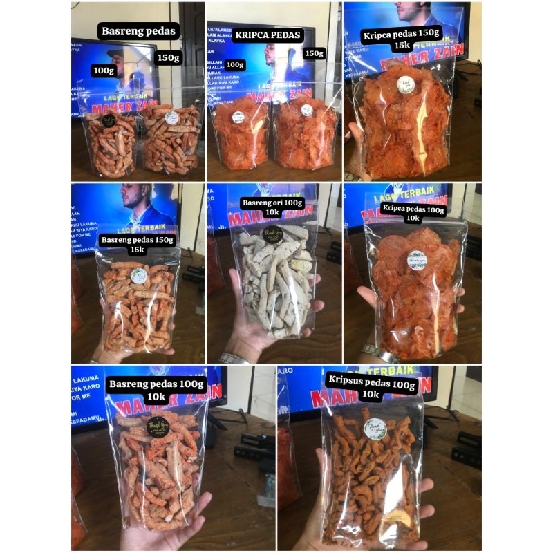 

Basreng pedas jeruk purut, usus, kripik kaca