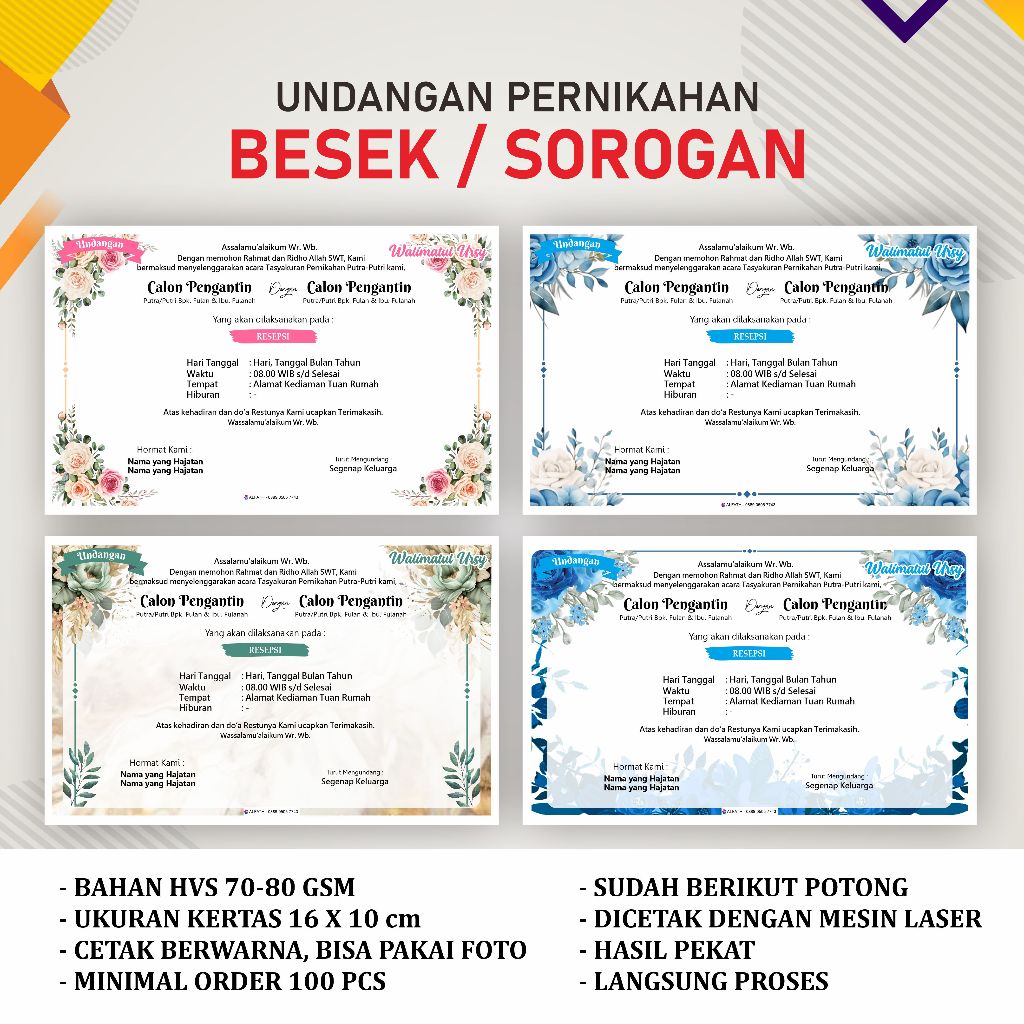 Undangan Pernikahan , Cetak BERWARNA bukan HITAM PUTIH,  Undangan besek, undangan sorogan custom