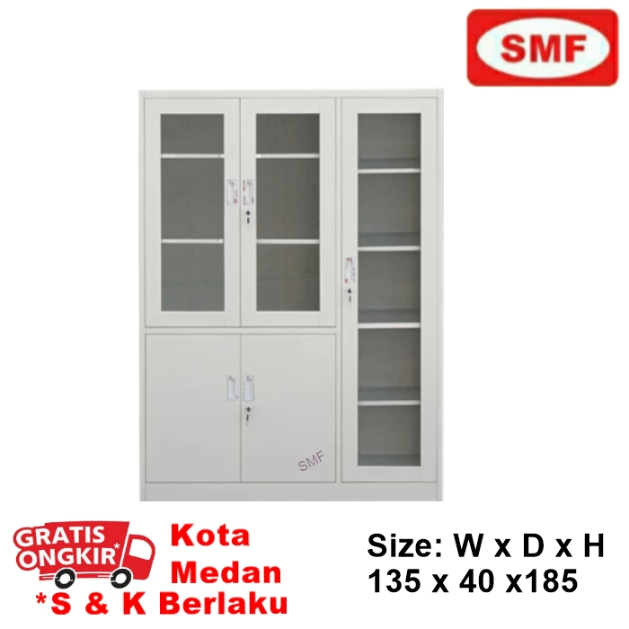 LEMARI FILING CABINET BESI 3P - LEMARI BUKU PINTU BUKA KACA - LV 303 - MOTIF ABU
