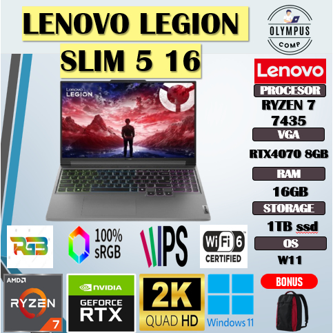 LENOVO LEGION SLIM 5 16 RYZEN 7 7435 RTX4070 8GB/ 16GB 1TB W11 16.0QHD IPS