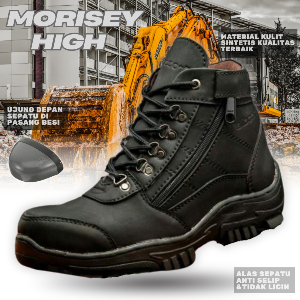 Sepatu Safety Pria Boots Morisey Resleting Hitam Coklat Tan - Shoes Men's Boot Septy Ujung Besi Kerj