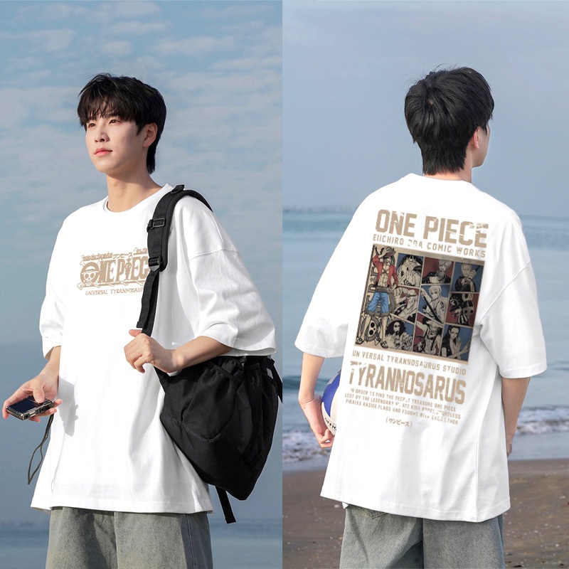 PUERTO Kaos Pria Distro Original 100%  Cetakan Cartoon One Piece Characters Baju Oversize Pria Retro