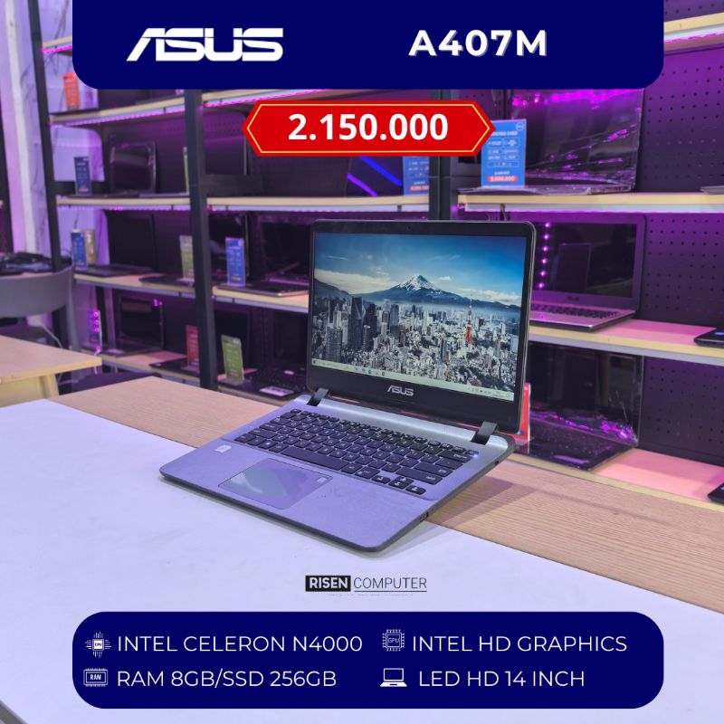 Laptop ASUS A407M Intel Celeron N4000 RAM 8GB SSD 256GB HD 14inch Notebook Second Seken Bekas