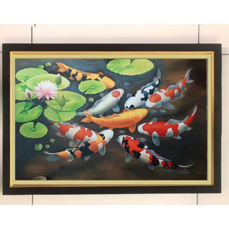 Hiasan dinding lukisan cetak ikan koi teratai  plus Bingkai ukuran 65*45