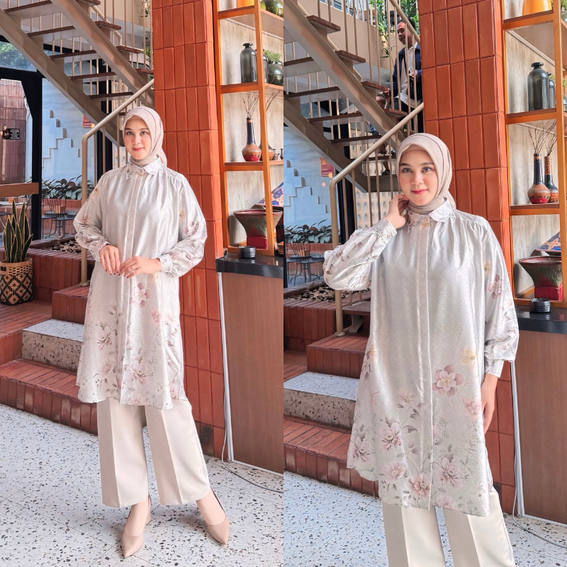 Dinara - Tunic Motif Merlyn Premium | Bahan Armani Silk | Long Tunic Atasan Blouse Wanita