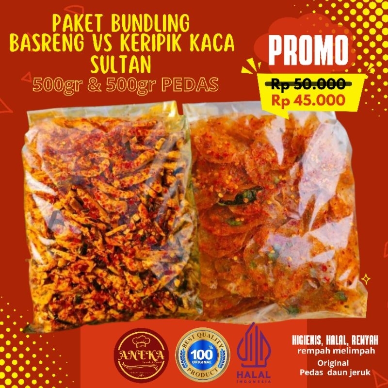 

PROMO - PAKET BUNDLING BASRENG PEDAS 500Gr & 500Gr KERIPIK KACA PEDAS DAUN JERUK ANEKA SNACK