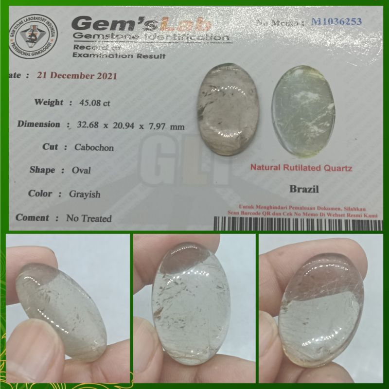 Natural Rutilated Quartz 45 ct Jumbo Memo GLI Kecubung Rambut Emas