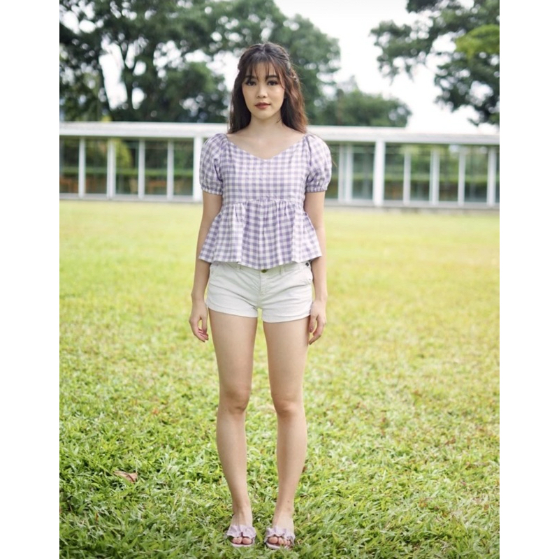 Vicaflare | Atasan baju blouse katun kotak lengan balon pendek puffy sleeve - lilac