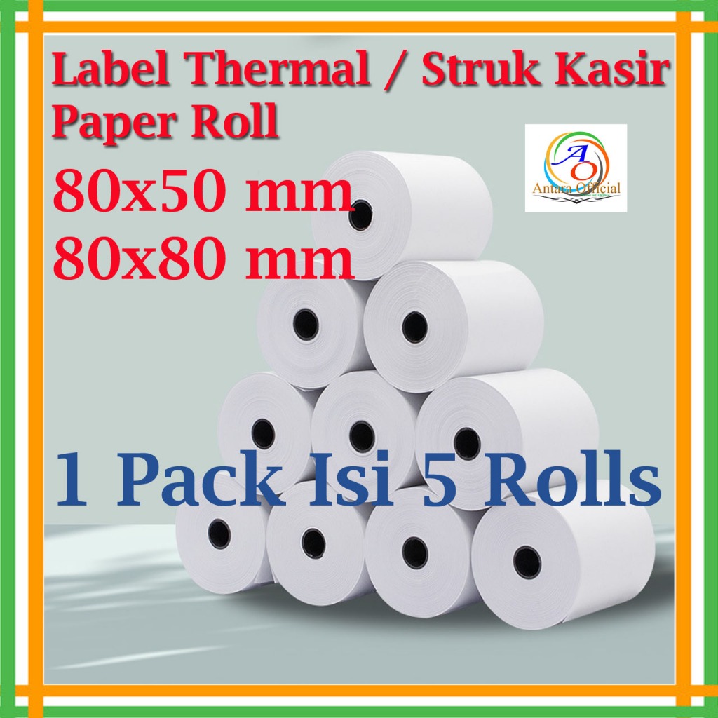 

1 Pack isi 5 Rolls Label Kasir Thermal 80x80 dan 80x50 mm Struk paper Roll Corelss Termal Pos Receipt Mini Printers 50 x 80 mm dan 80 x 80 mm