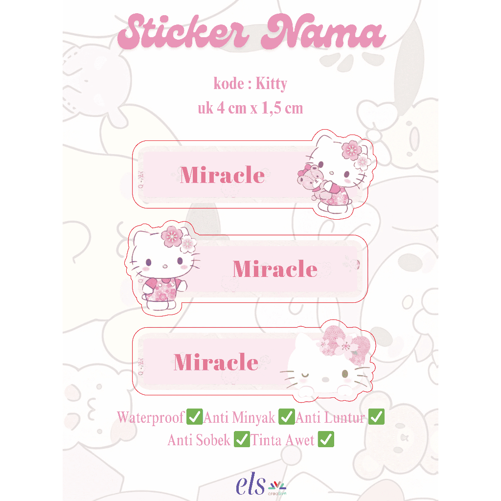 

Stiker Label Nama Anak HELLO KITTY Hellokitty Custom Premium Quality Print Karakter Sanrio Sticker Pack Waterproof Oilproof Promo Termurah Bandung Ready