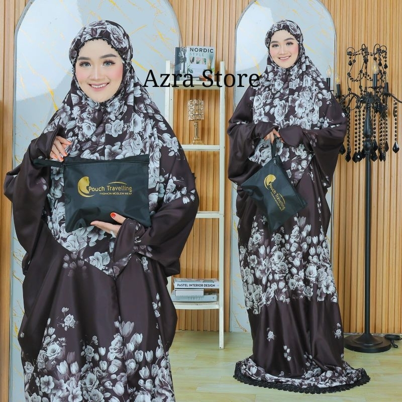 AZRA STORE _ Mukena Terusan Dewasa Putih Hitam Armani Sutra Silk Premium