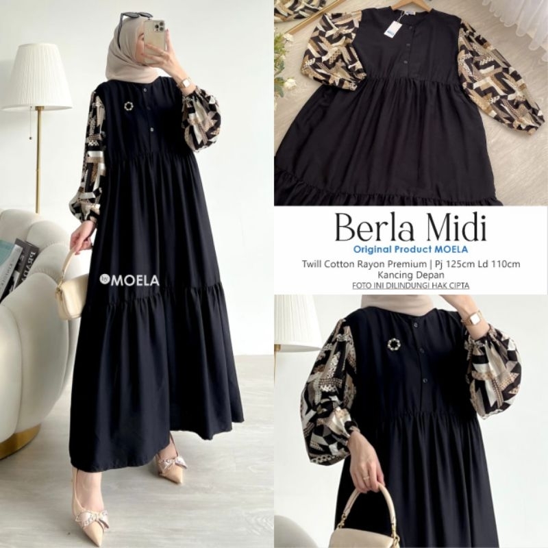 FLENI MIDI DRESS BLACK TWILL COTTON RAYON PREMIUM ORIGINAL BY MOELA