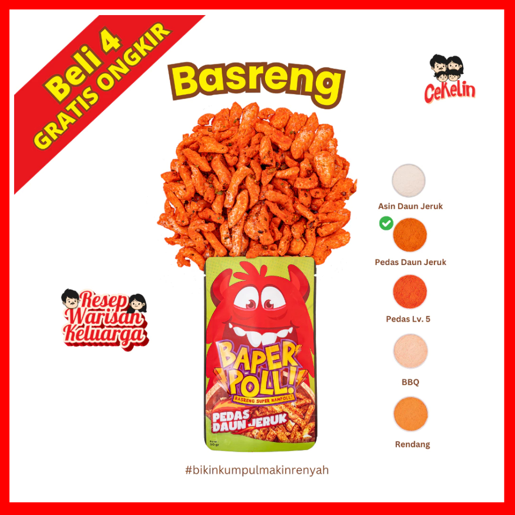 

CEKELIN Cemilan Basreng Pedas Daun Jeruk - Isi 50gr Beli 4 Gratis Ongkir