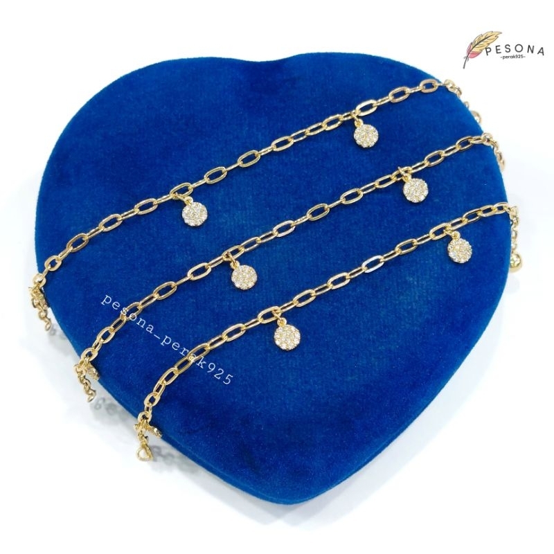 Gelang Tangan Dewasa Perak Asli Silver 925 Lapis Emas Putih Model Rantai Catena Gantungan Bulat Koin