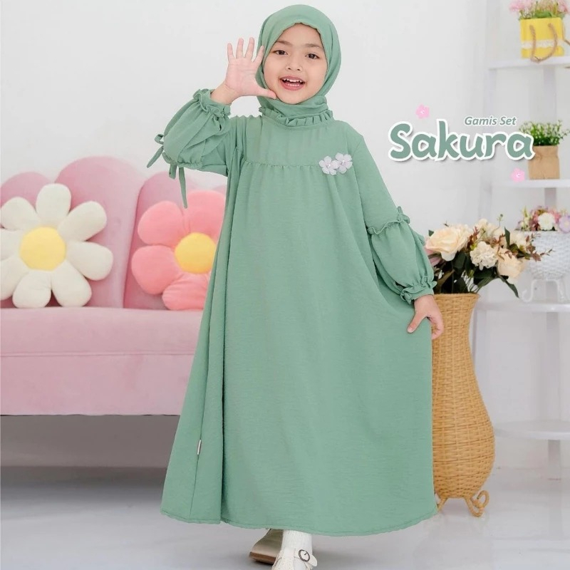 SAKURA KIDS GAMIS SYARI ANAK PEREMPUAN SET HIJAB TERBARU KEKINIAN