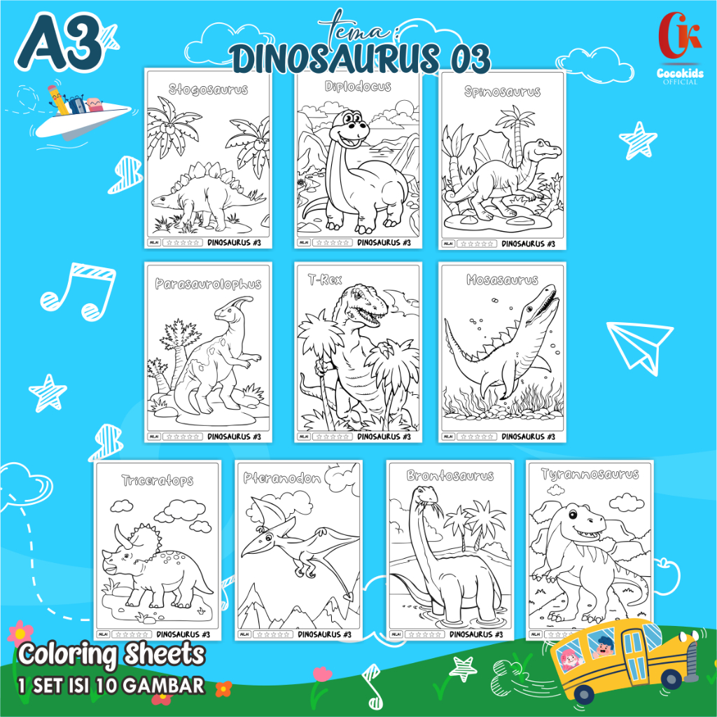 

(DINOSAURUS 03) KERTAS MEWARNAI ANAK A3 - COLORING SHEETS SERIES 1 - LEMBAR MEWARNAI ANAK PAUD/TK/SD