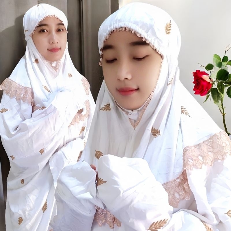 Mukena bordir terusan renda daun cemara rayon twill premium